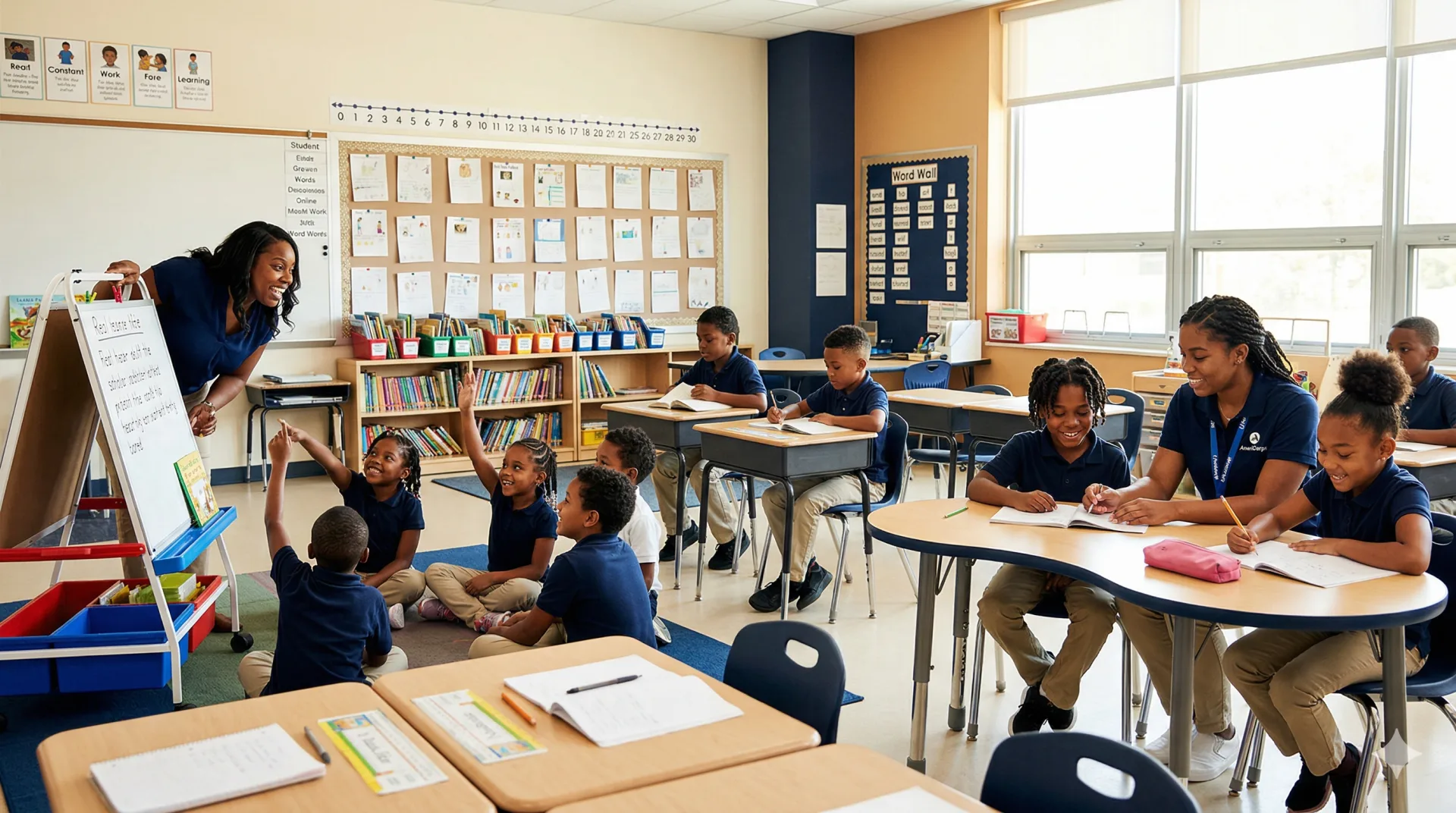 A vibrant Legends classroom with two educators leading small group instruction while scholars work independently