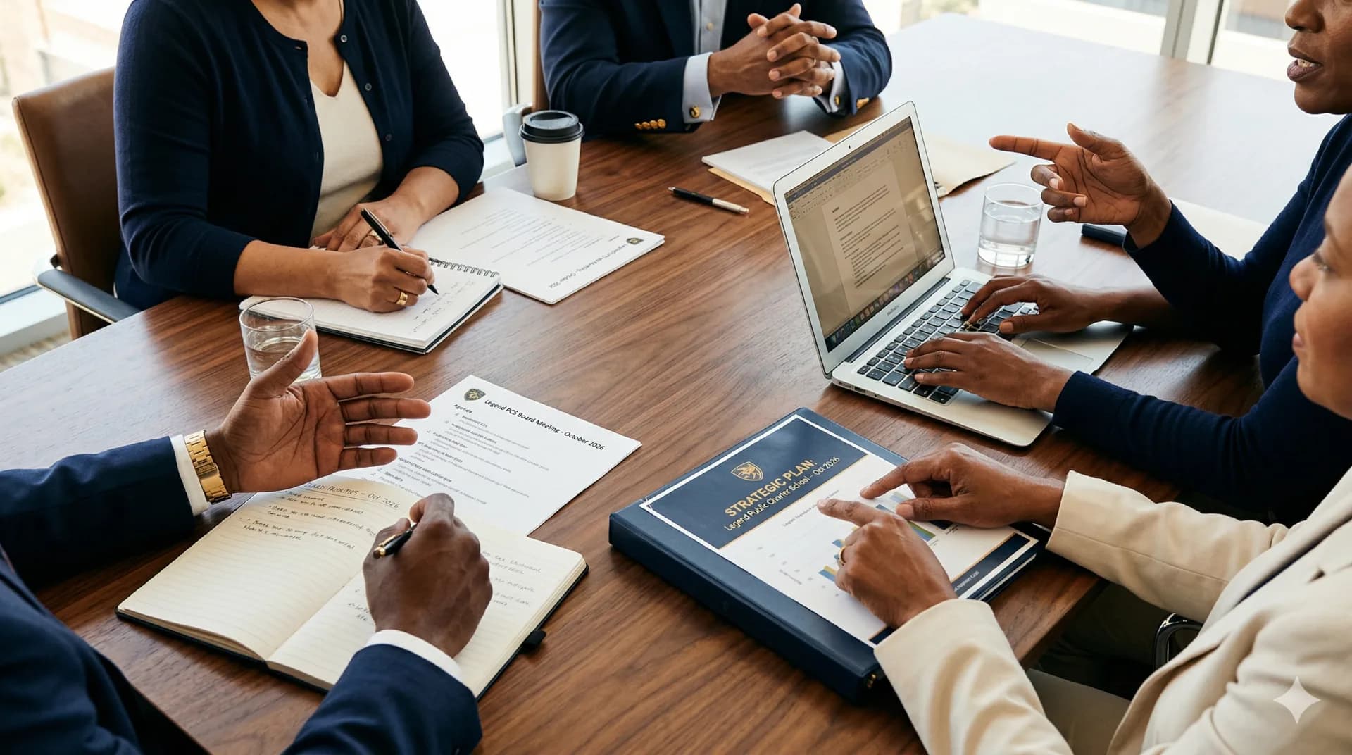 Hands of board members around a conference table during a governance meeting, with agendas, laptops, and notebooks