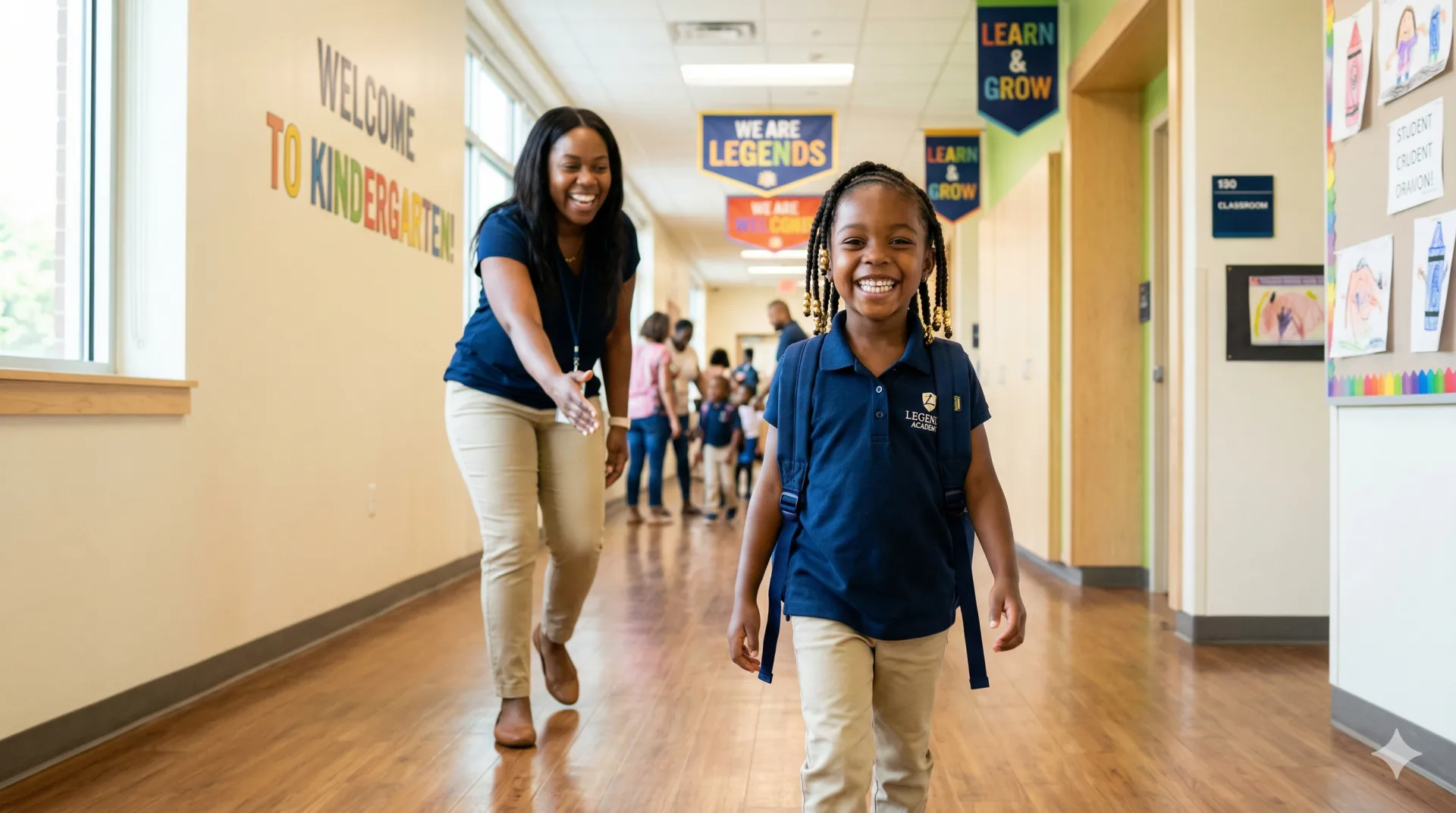 A joyful kindergarten scholar on her first day