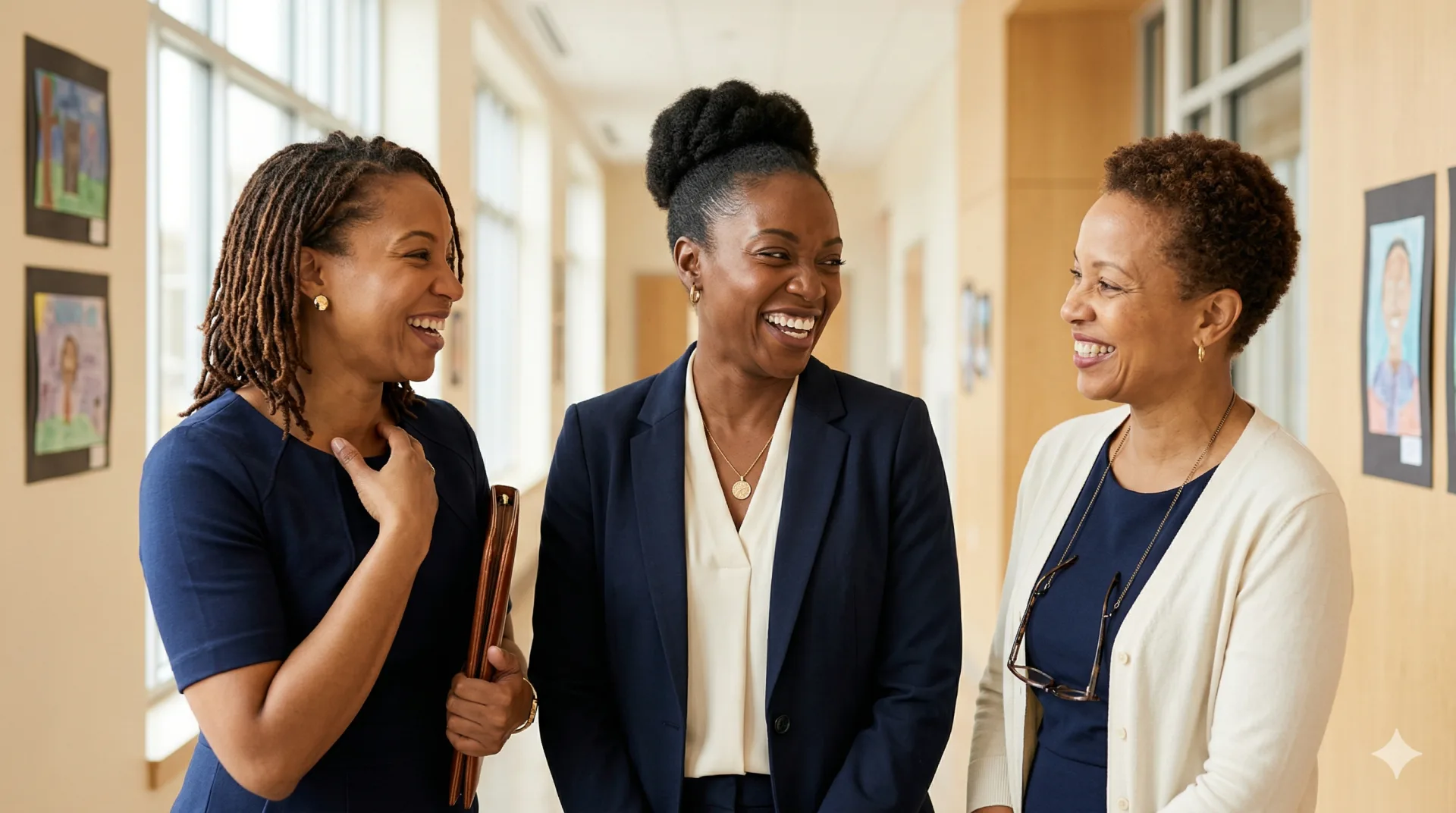 Three Legends school leaders laughing together in a bright school hallway