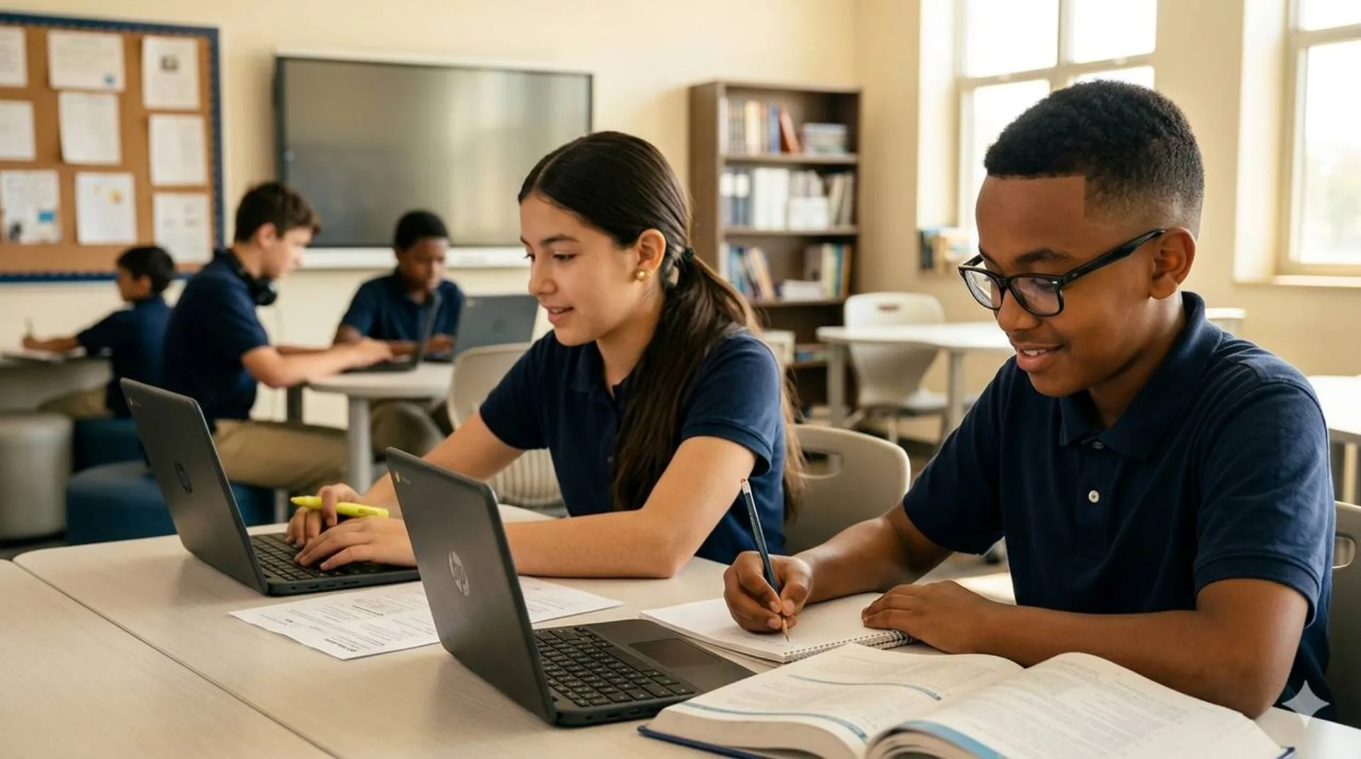 Two eighth-grade scholars focused on their academics in a modern classroom