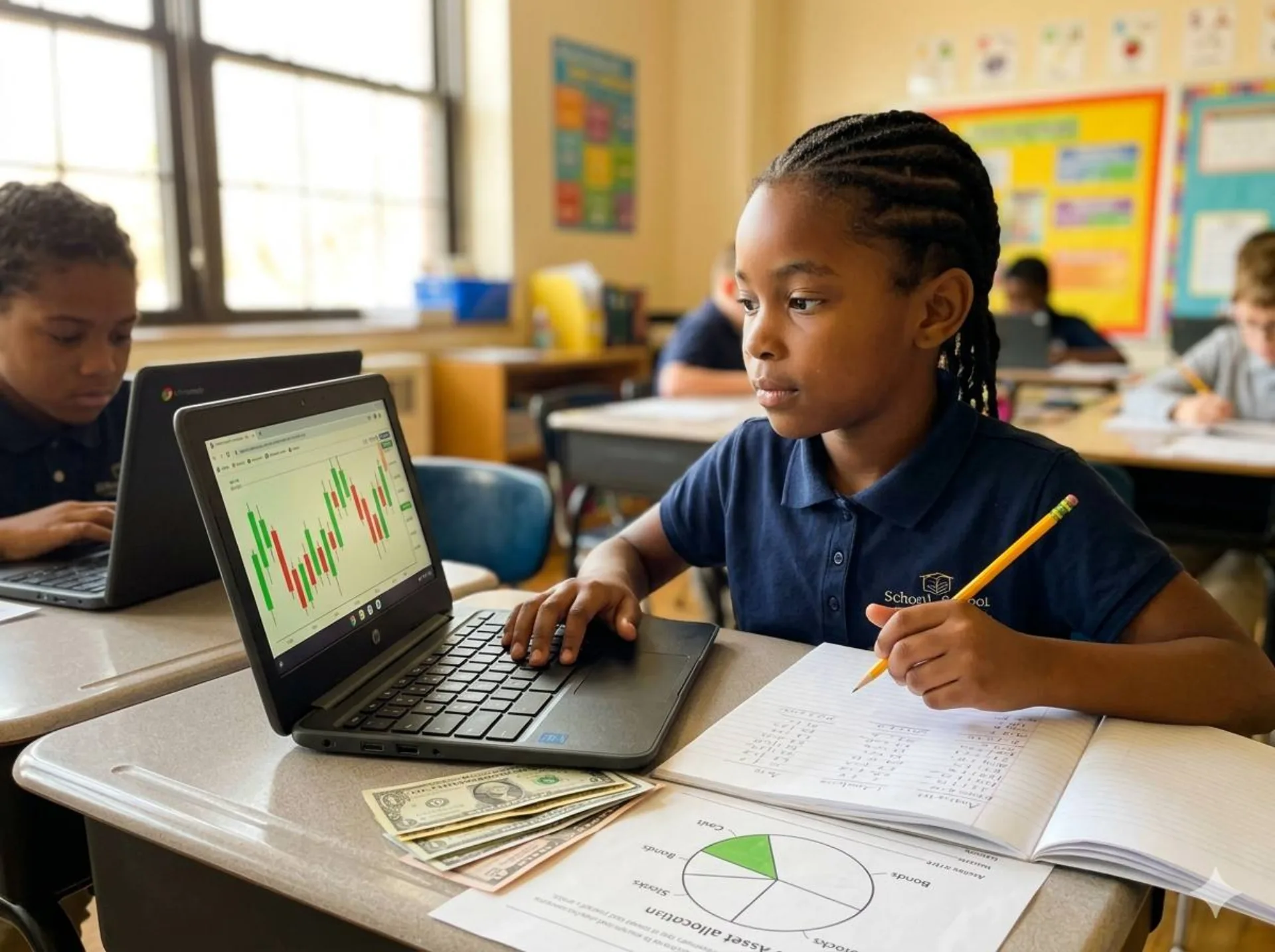 A scholar analyzing a virtual stock portfolio on a Chromebook