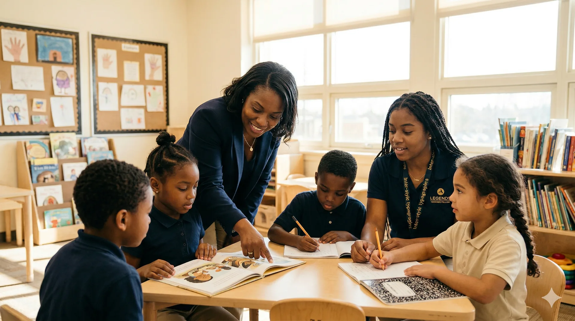 A Legends teacher and AmeriCorps Fellow working with scholars around a reading table